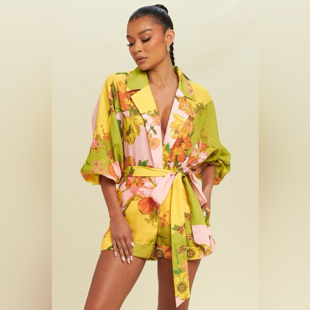 New Floral Belted Dolman Romper Green & orange